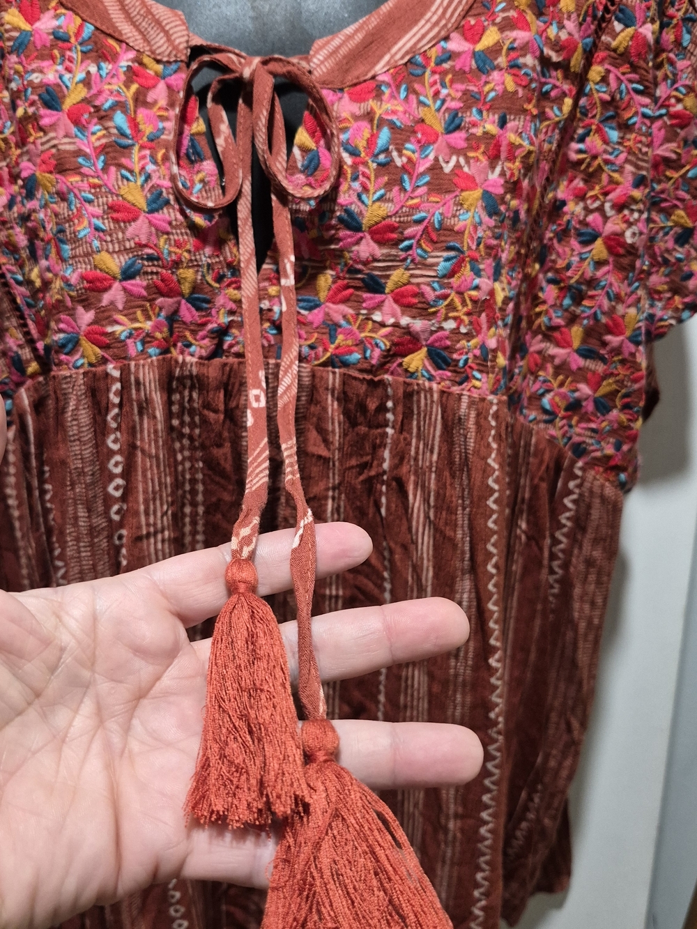 Impressions Rust Colorful Embroidered Peasant Blouse